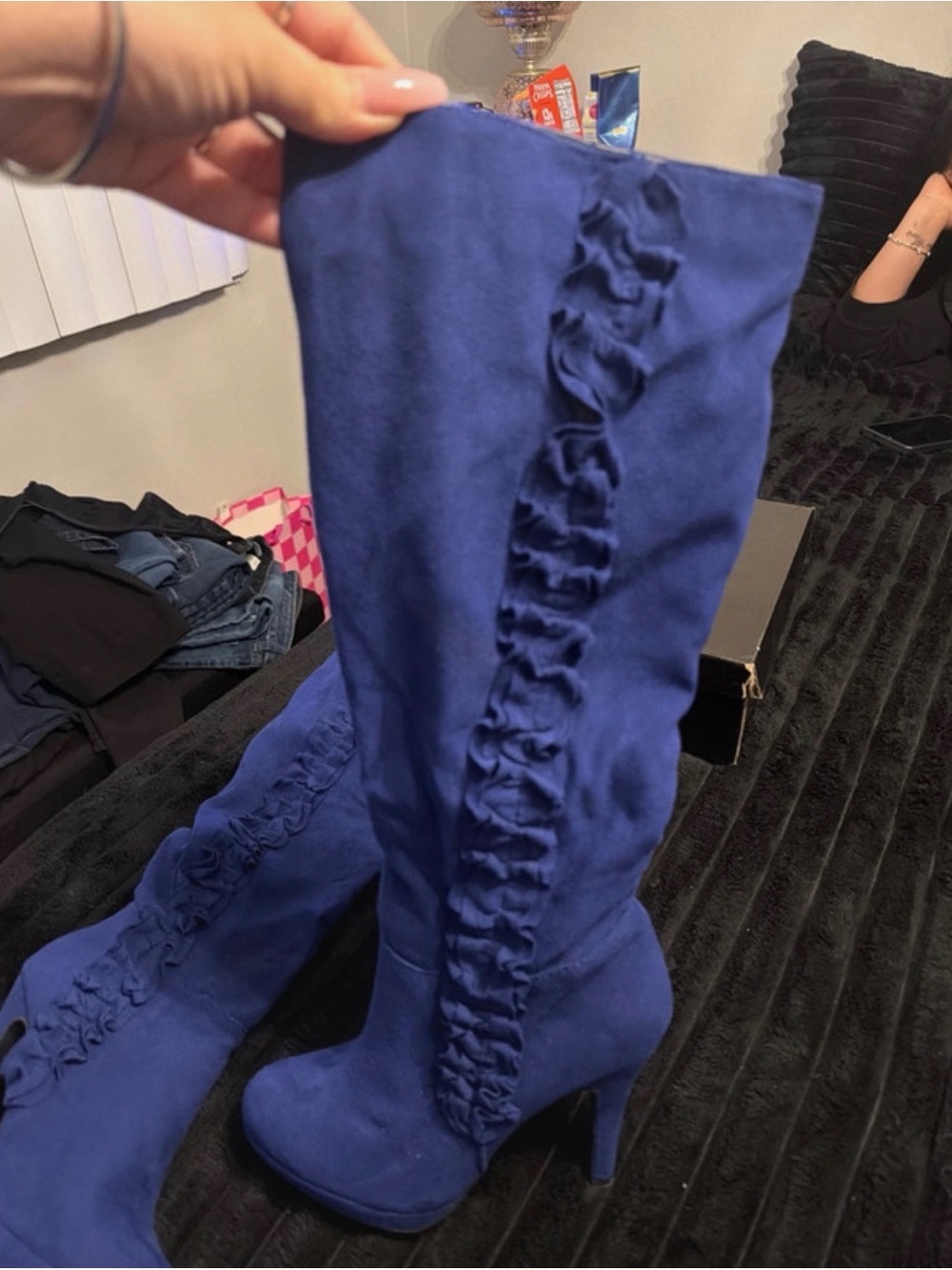 JustFab Blue Over-the-Knee Ruffle Suede Boots size 7
